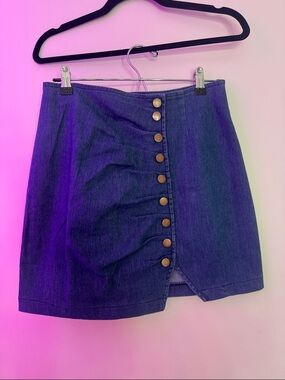 Pink Lily Button-Front Denim Mini Skirt - Indigo Blue
